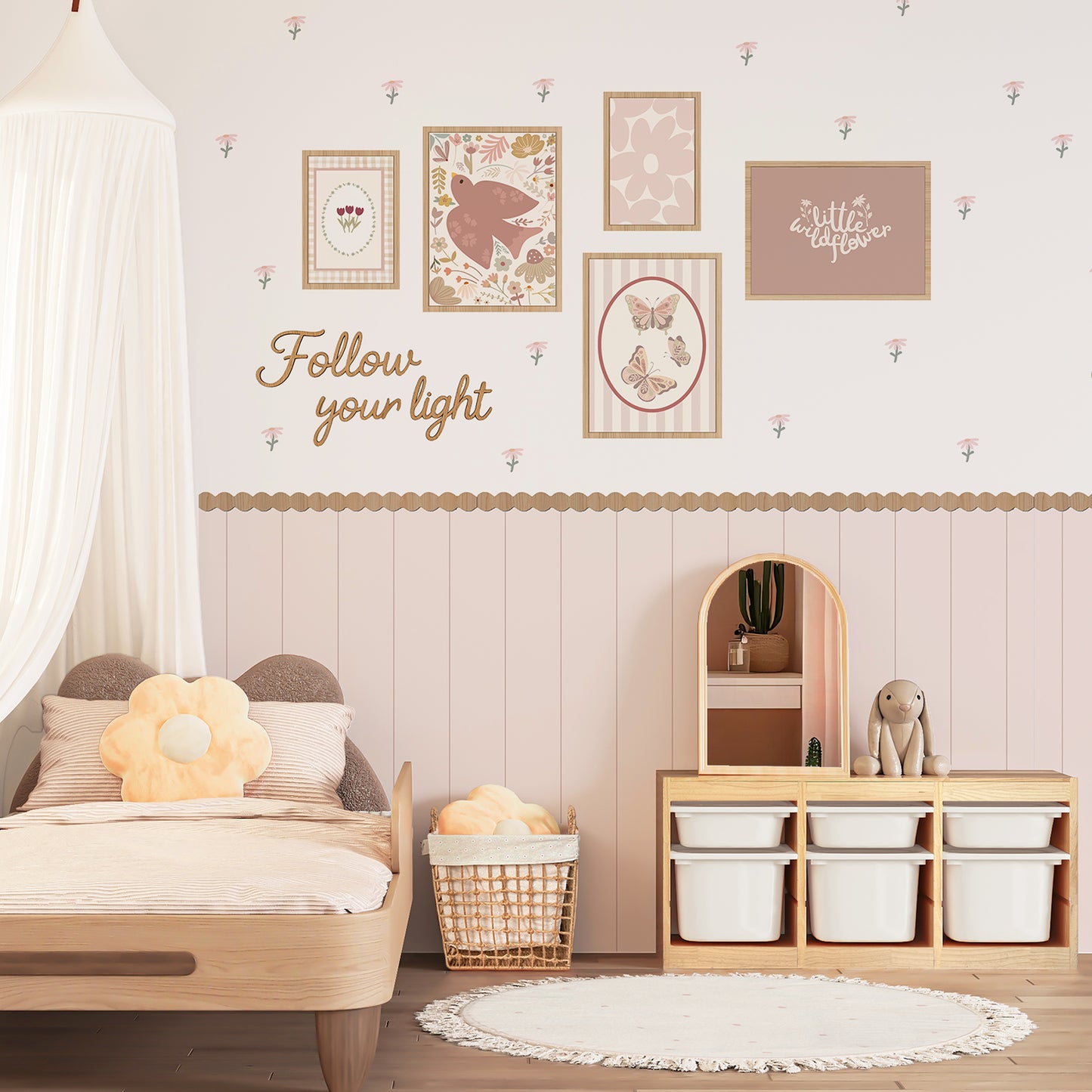 Peel & Stick Wall Panel Decals – Blush Wainscoting Look + Scalloped Border Trim Removable