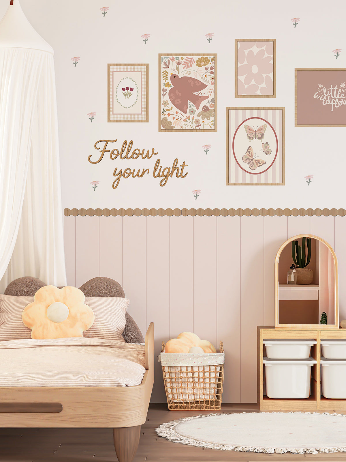 Pink Peel and Stick Wall Panel Set with Wooden Frames Wooden Letters and Floral Decals for Girls Room