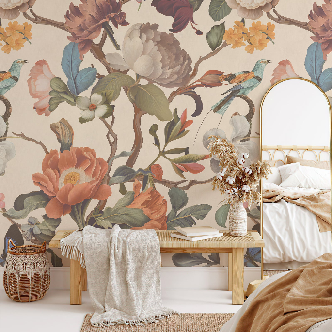 Yellow Floral Wallpaper Mural Vintage Botanical Wall Decor for Bedroom