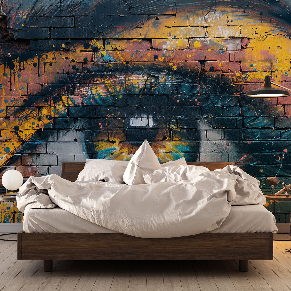 Graffiti eye wall mural used as a bold accent wall in a modern bedroom