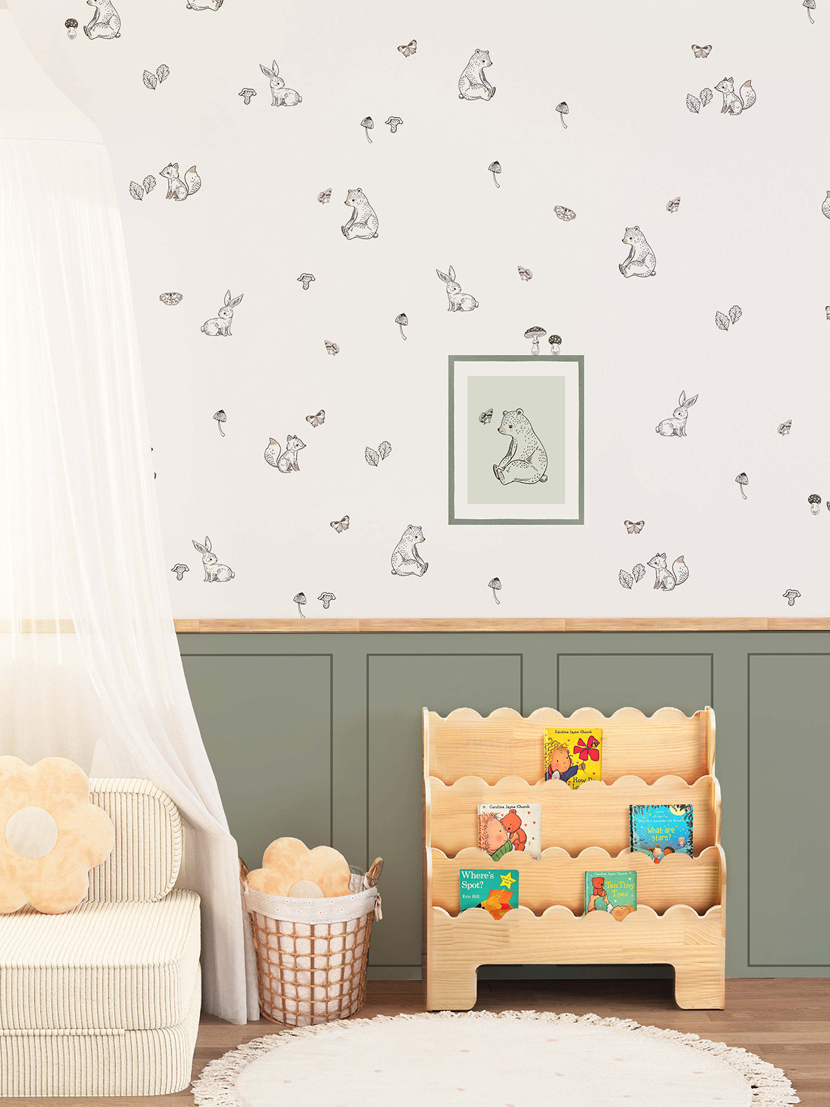 Children's Room Woodland Wall Decal Set Bear Bunny Fox Stickers Wainscoting-Style Panel Decals