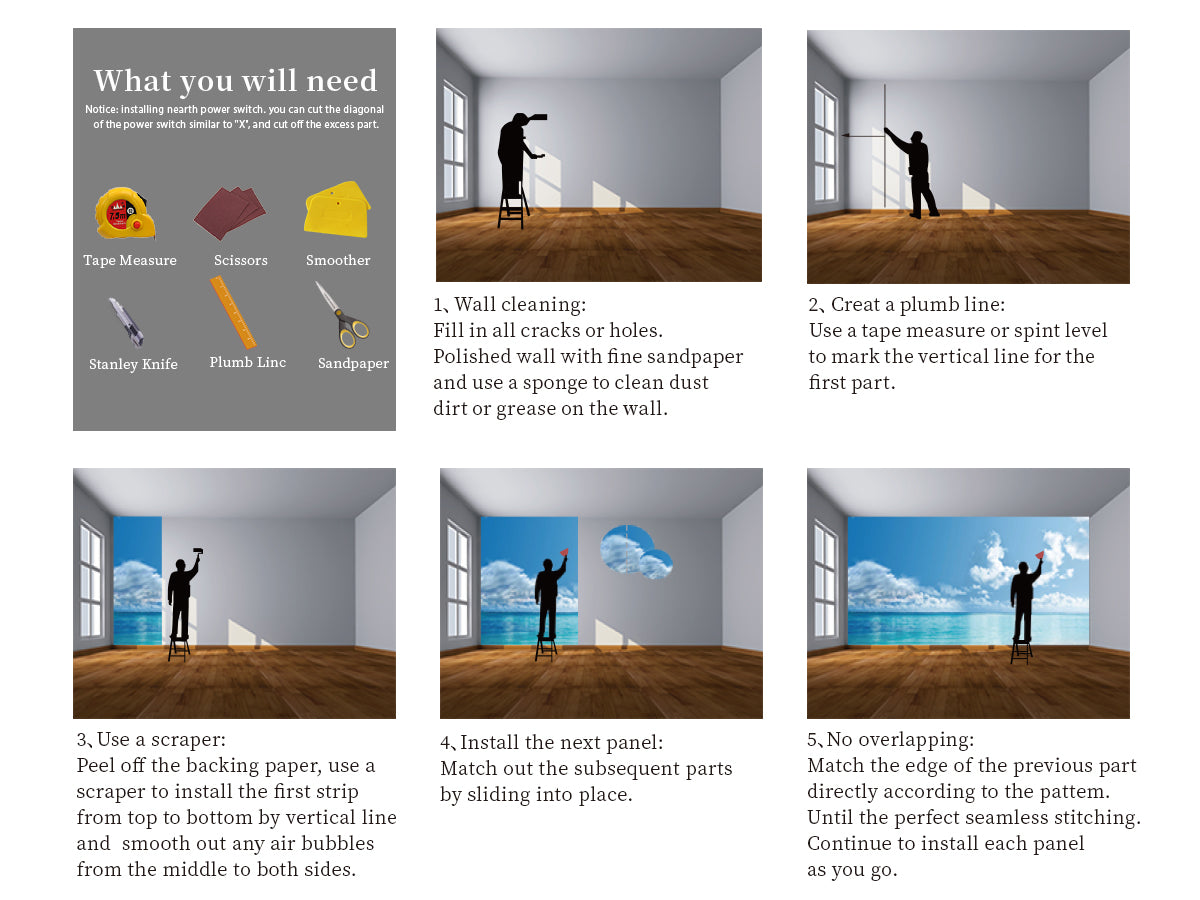 Self-adhesive wall mural installation guide showing wall preparation and panel alignment