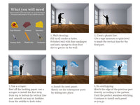 Self-adhesive wall mural installation guide showing wall preparation and panel alignment