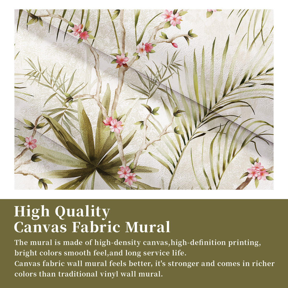 Close-up of botanical canvas wall mural showing textured fabric and detailed floral printing