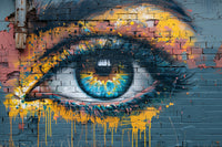 Urban graffiti eye wall mural with colorful paint splashes on a dark blue brick wall