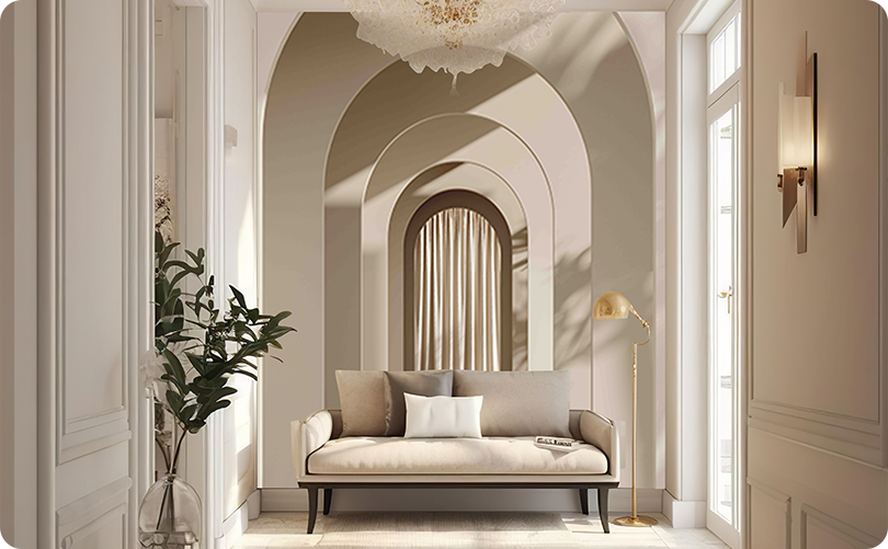 3d arch tunnel mural, perspective illusion wallpaper, neutral boho wall mural, architectural wall art, beige geometric wall mural, entryway accent wallpaper