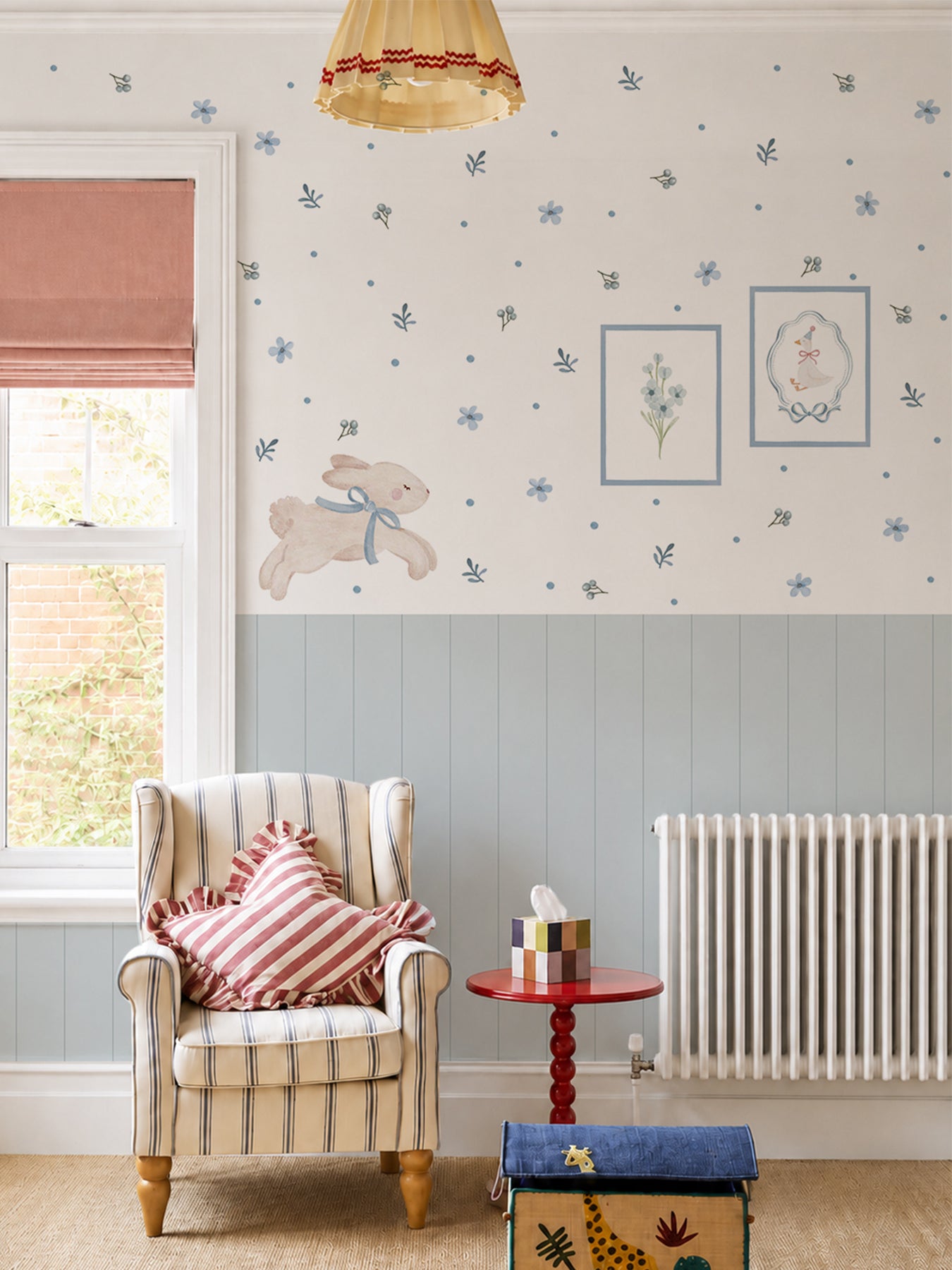 Blue Floral Bunny Nursery Wall Decals with Wainscoting Panels