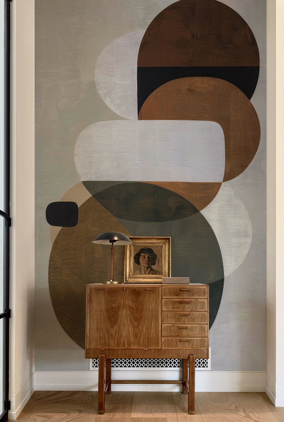 Abstract Fractal Dream peel stick wall mural for entryway, mid-century wooden sideboard with vintage decor