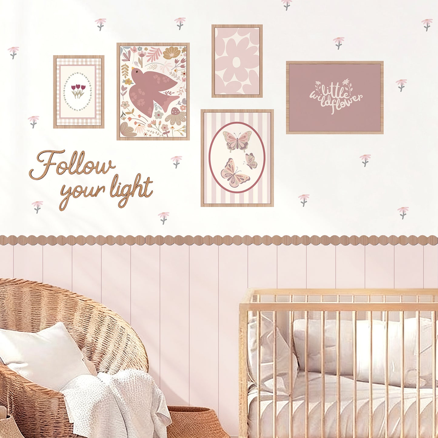 Peel & Stick Wall Panel Decals – Blush Wainscoting Look + Scalloped Border Trim Removable