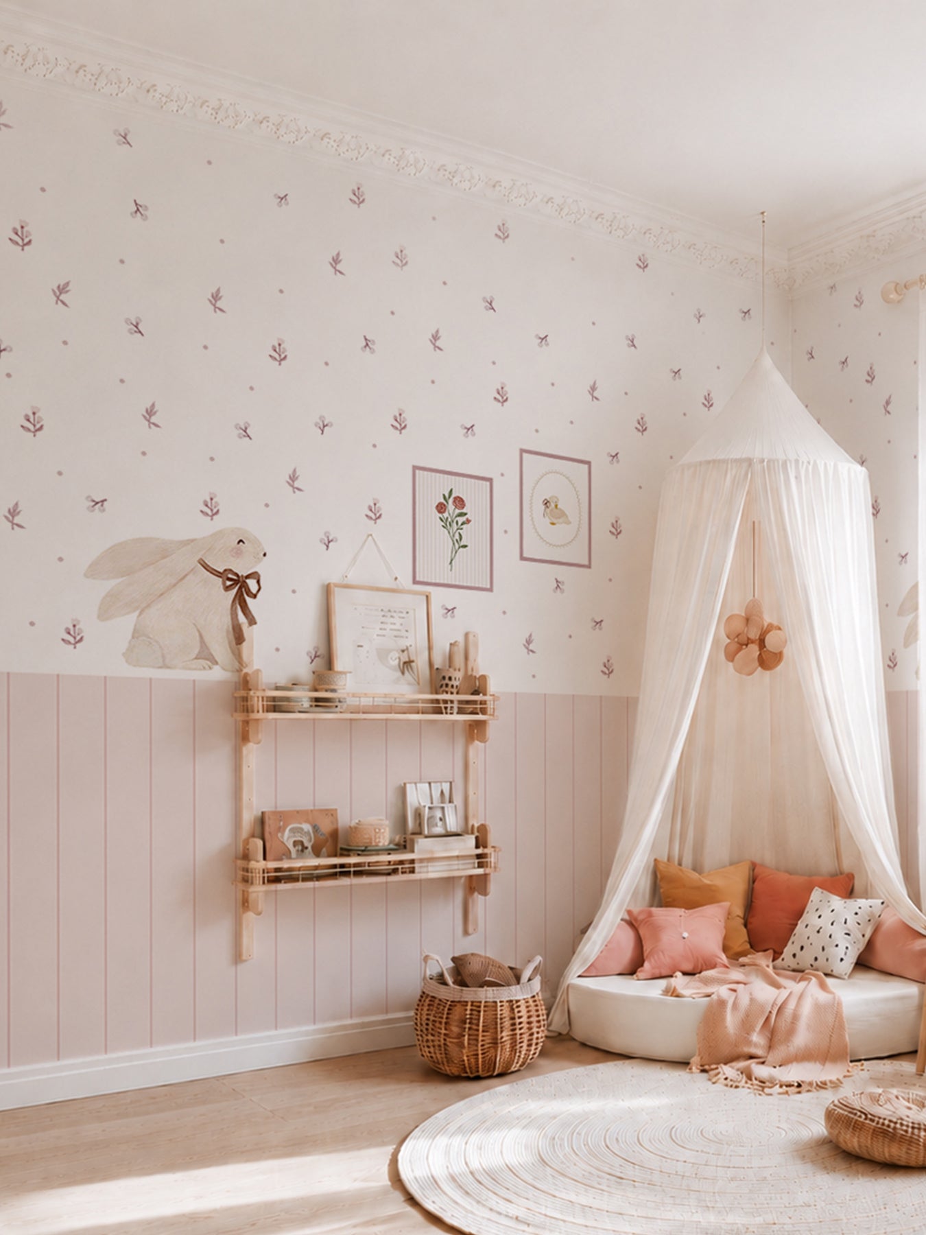 Bloom Light Pink Floral Nursery Wall Decals with Wainscoting Panels