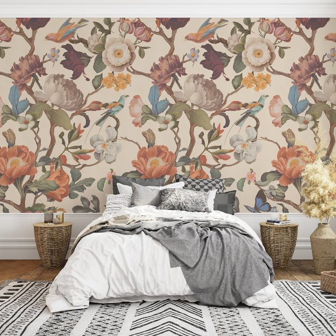 Yellow Floral Wallpaper Mural Vintage Botanical Wall Decor for Bedroom