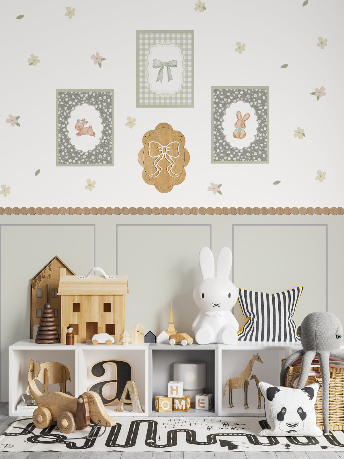 Sage Green Wall Panel and Floral Decal Set with Wooden Frames and Wavy Trim
