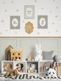 Sage Green Wall Panel and Floral Decal Set with Wooden Frames and Wavy Trim