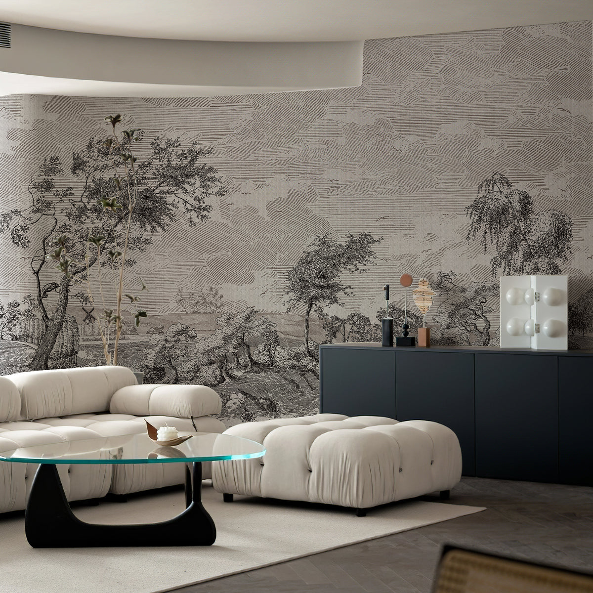 Vintage Susuno Jungle Gray Wallpaper Mural before after, grey scenic landscape wall mural for modern living room
