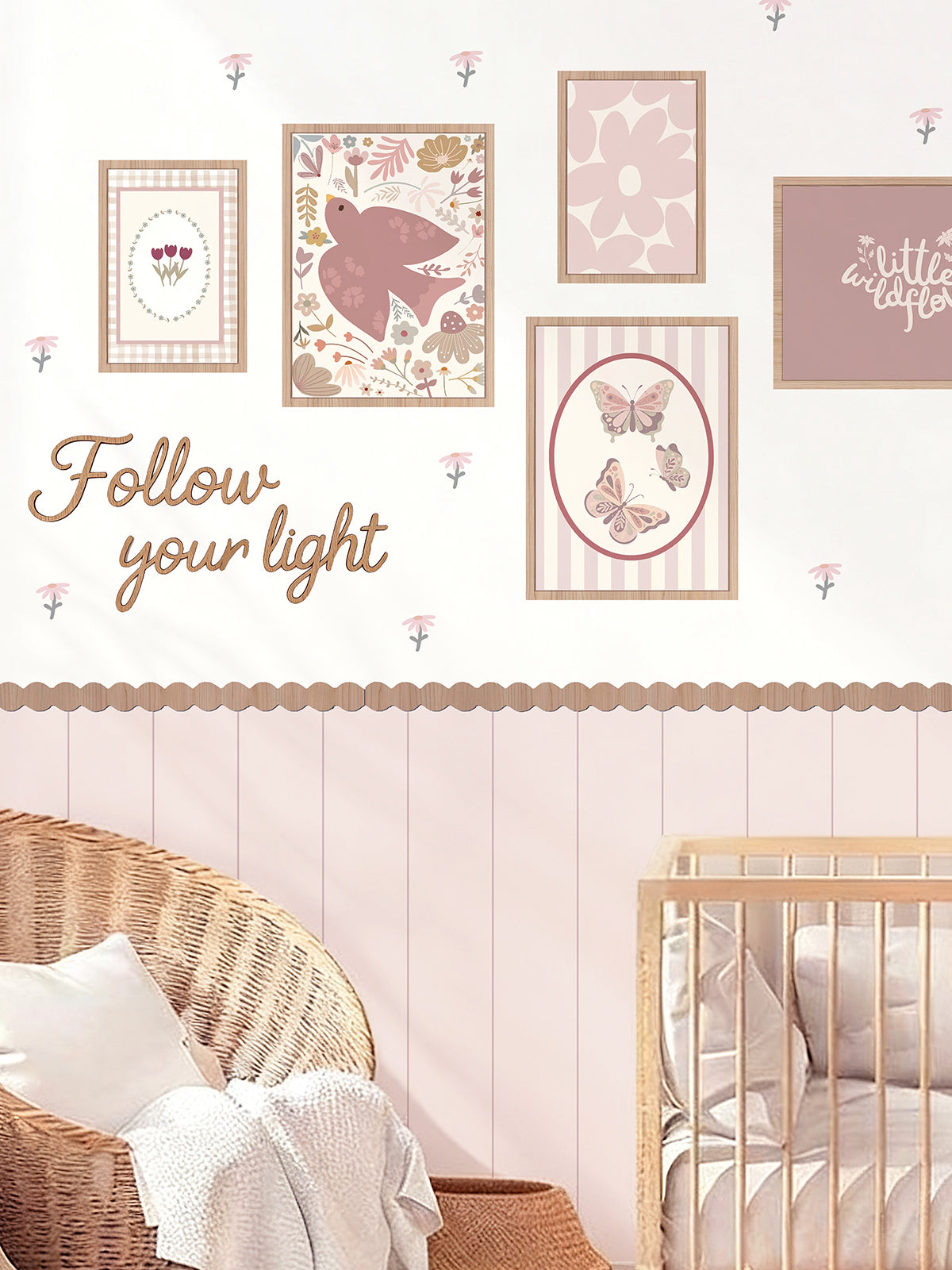 Pink Peel and Stick Wall Panel Set with Wooden Frames Wooden Letters and Floral Decals for Girls Room