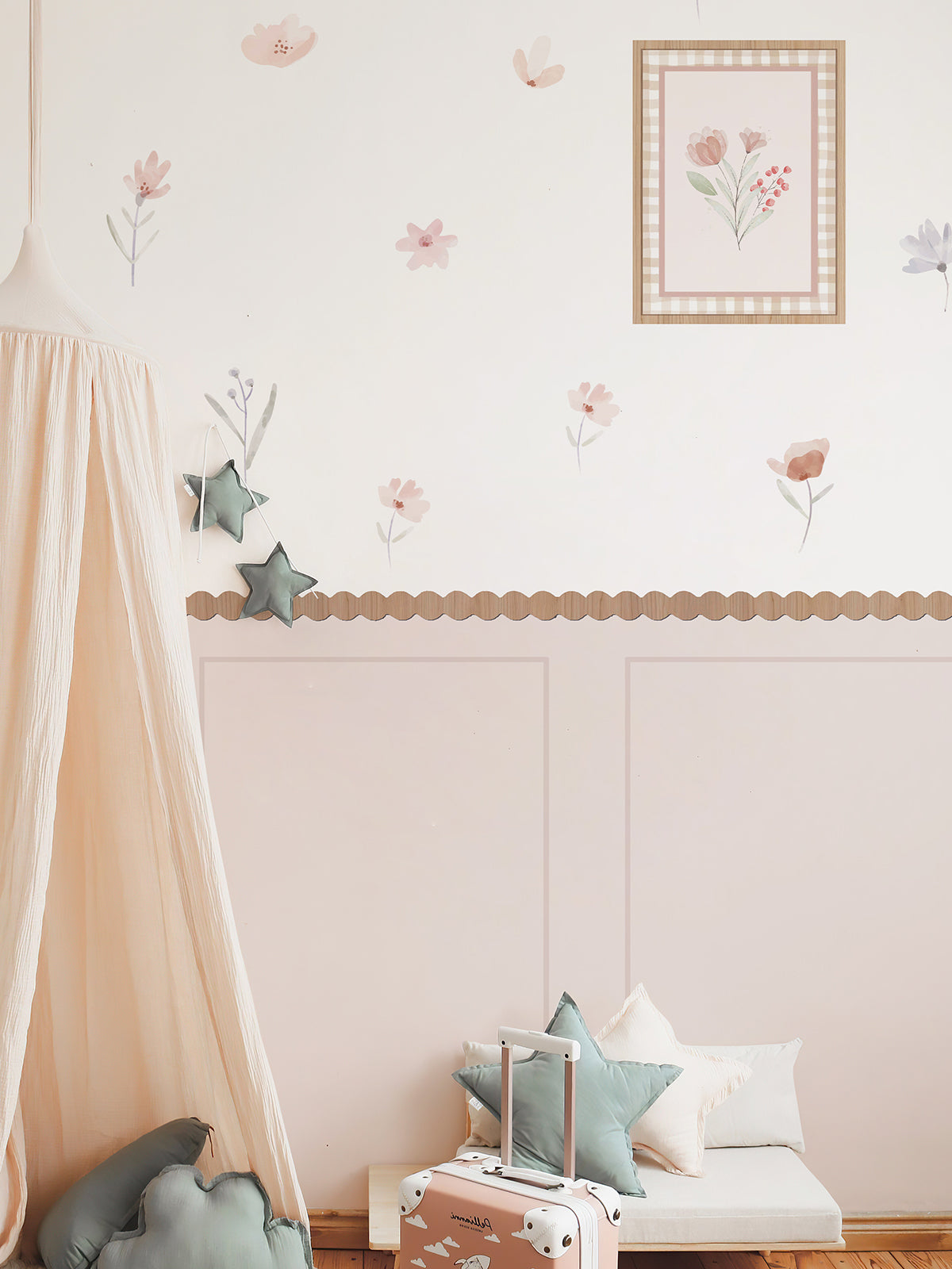 Peel and Stick Girl's Room Decals Pink Wall Border Decals Scalloped Trim Floral Wall Stickers for Nursery