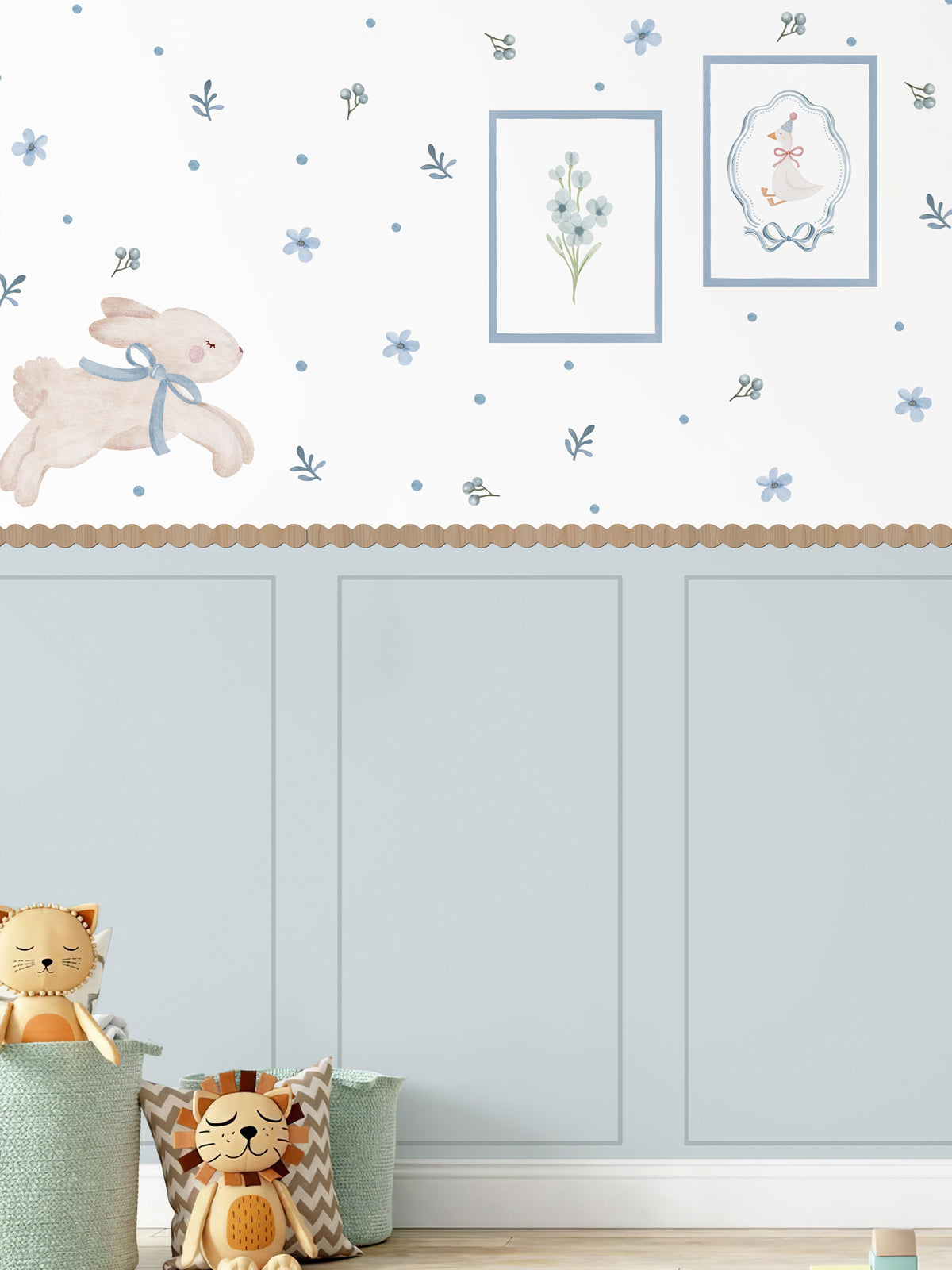 Blue Bunny Peel and Stick Wall Panel Decal Set with Floral Wall Stickers Wooden Frames and Wavy Trim for Nursery Baby Room
