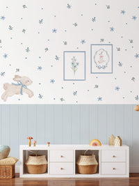 Blue Floral Bunny Nursery Wall Decals with Wainscoting Panels