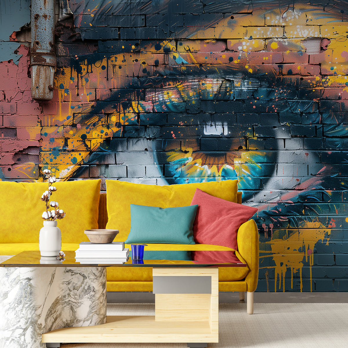 Colorful graffiti eye wall mural behind a yellow sofa in a contemporary living room
