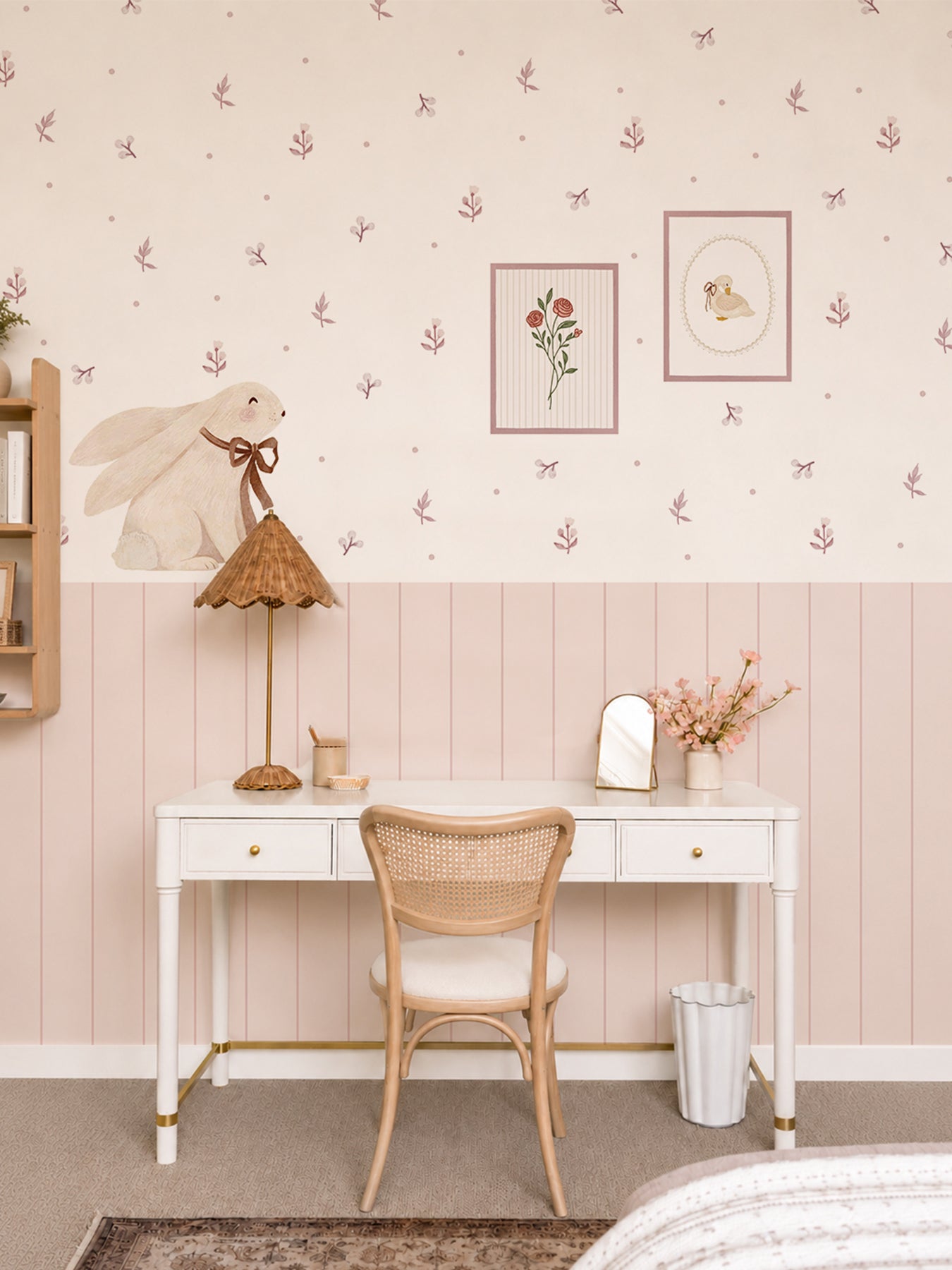 Bloom Light Pink Floral Nursery Wall Decals with Wainscoting Panels