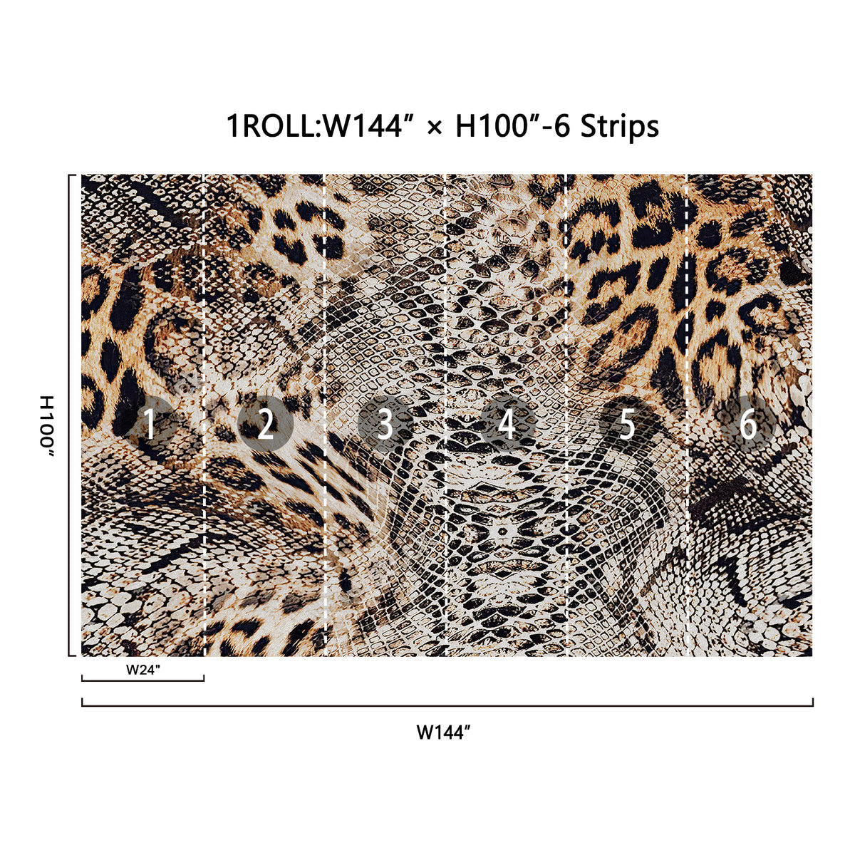 Leopard Snake Print removable wall mural dimension chart 144"x100" 6 strips