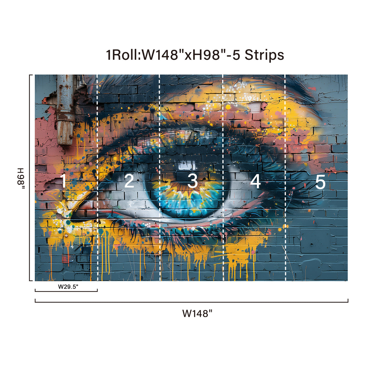 148 x 98 inch graffiti eye wall mural size guide with five installation panels