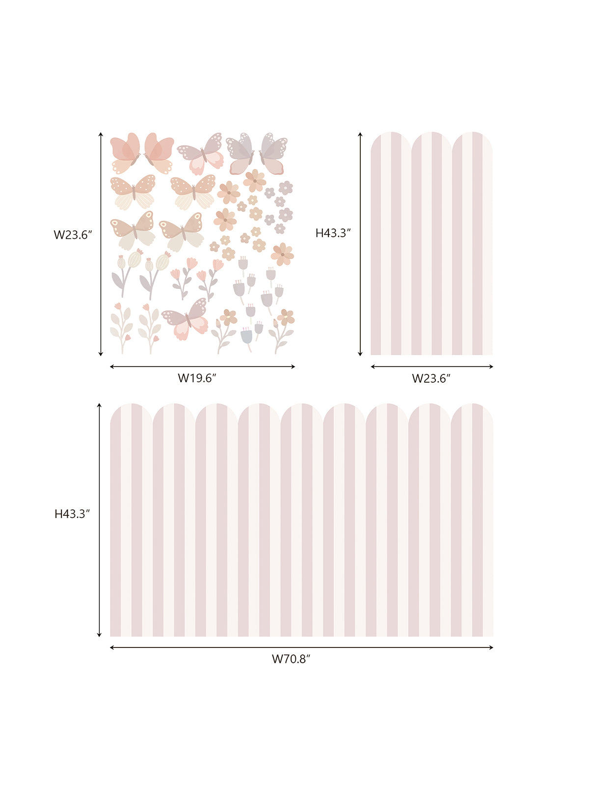 Children's Room Blush Scallop Fence Peel and Stick Wall Decals Set Butterfly & Floral Wall Stickers