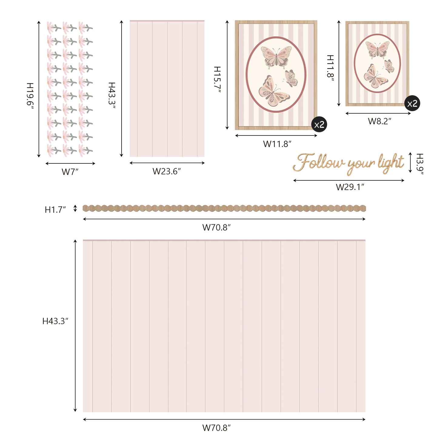 Peel & Stick Wall Panel Decals – Blush Wainscoting Look + Scalloped Border Trim Removable