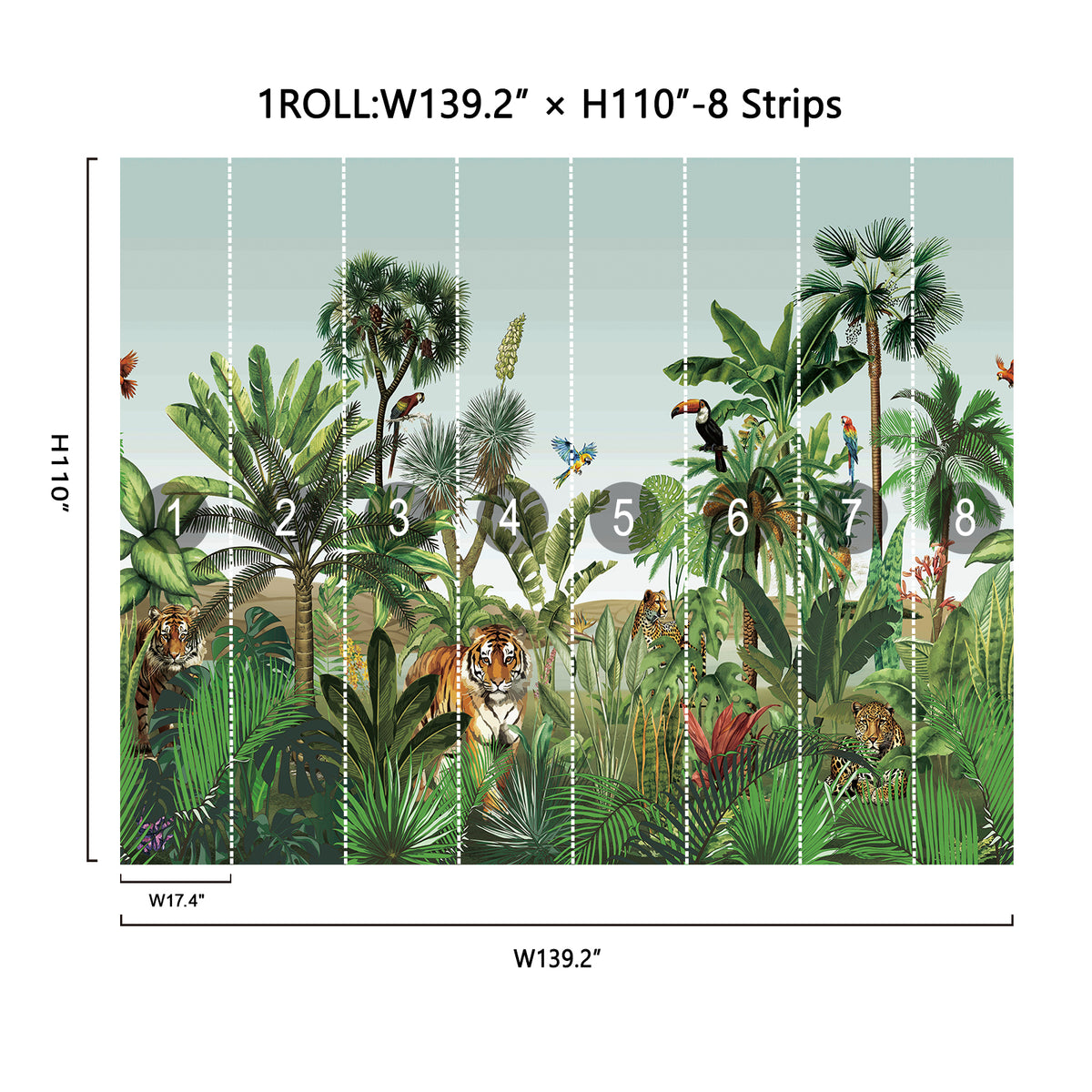 Fixed size：Animal Tiger in the Jungle Green Wallpaper Mural