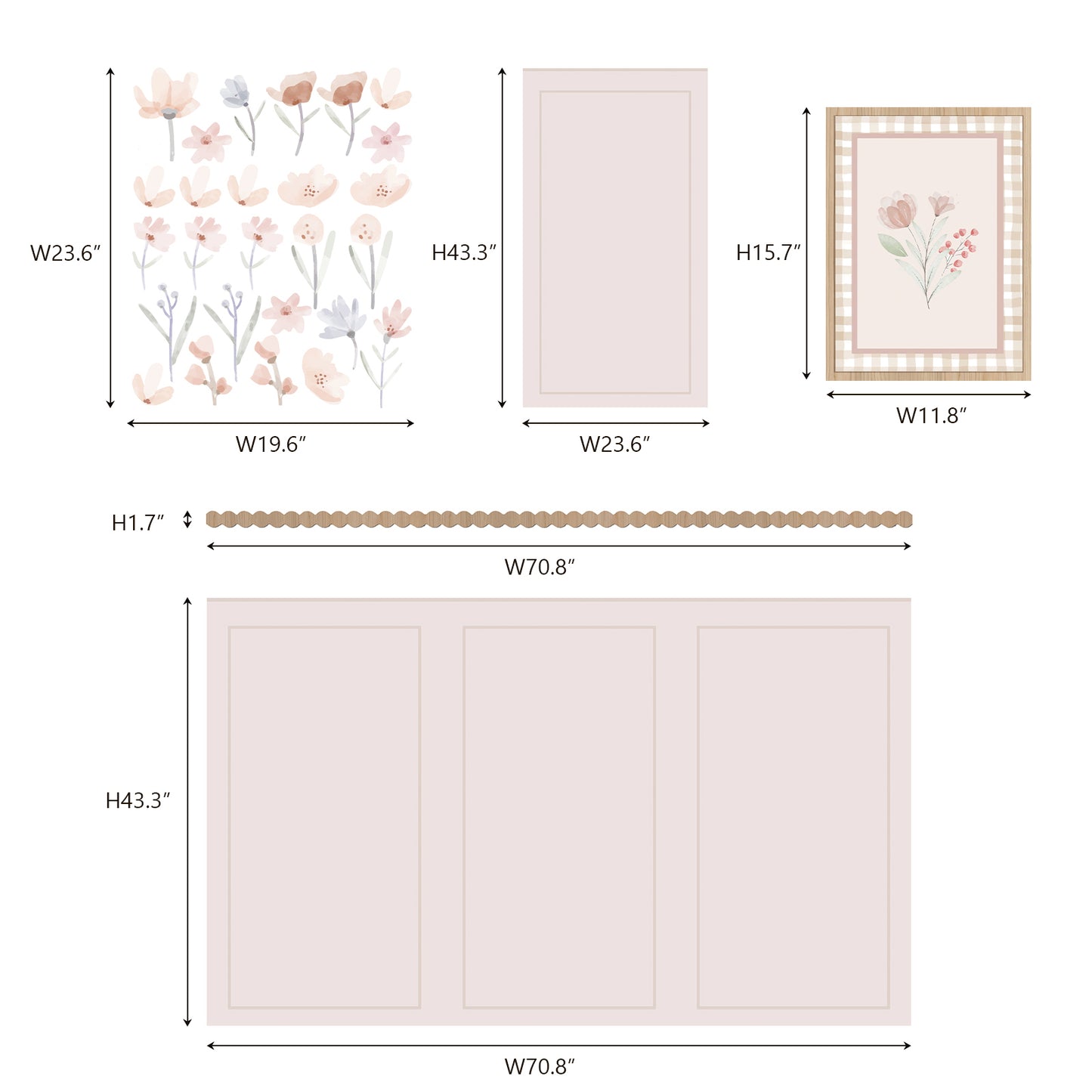 Peel and Stick Girl's Room Decals Pink Wall Border Decals Scalloped Trim Floral Wall Stickers for Nursery