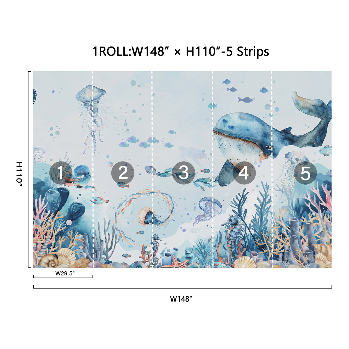 Fixed size：Watercolor Underwater Whale Kids Wallpaper Mural