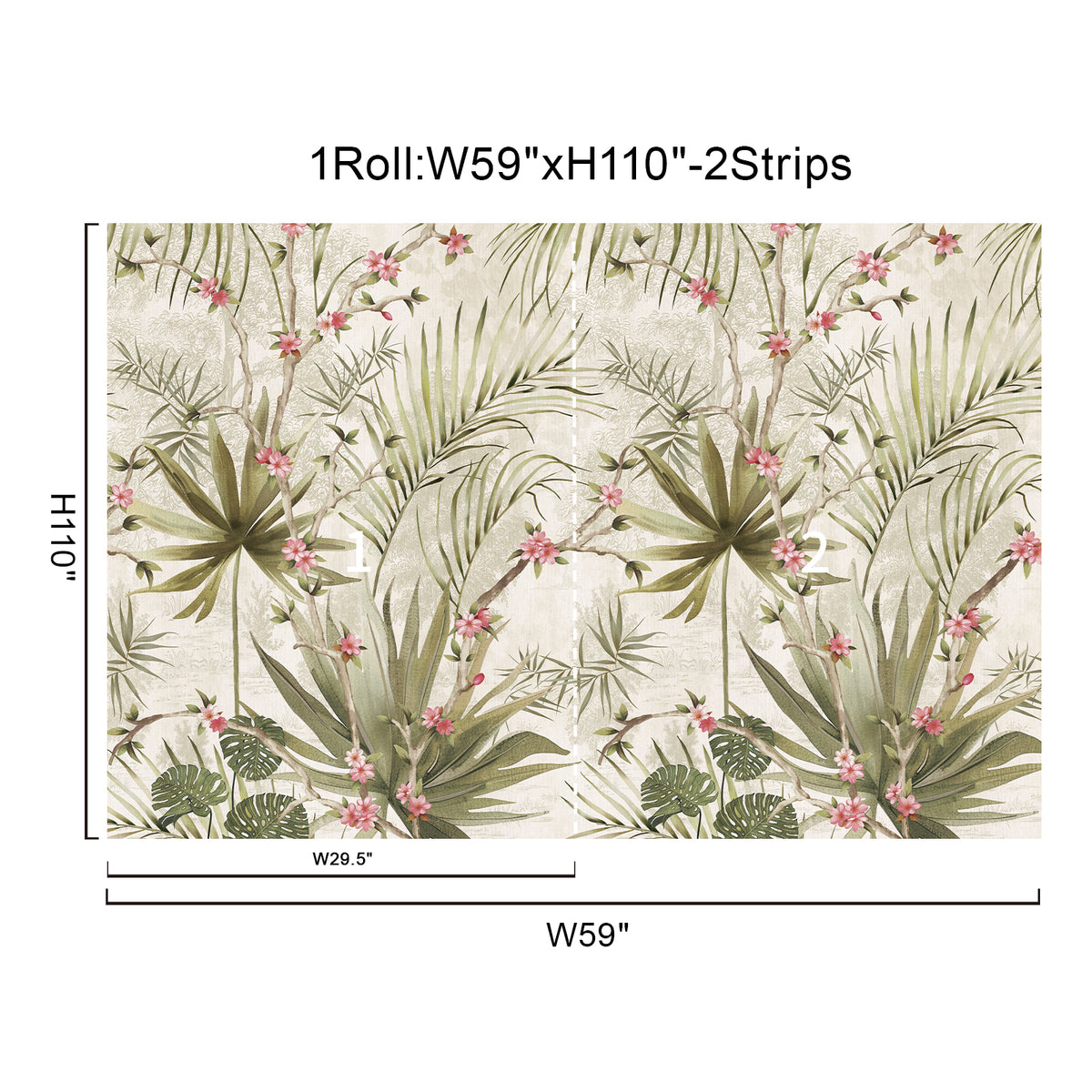 59 x 110 inch botanical wall mural set with two 29.5-inch-wide panels