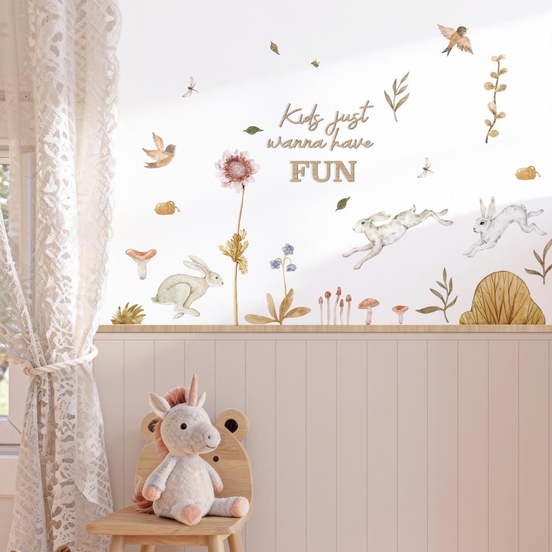 Whimsical Bunny & Nature Wall Decals 4-Piece Set for Playful Nursery Décor