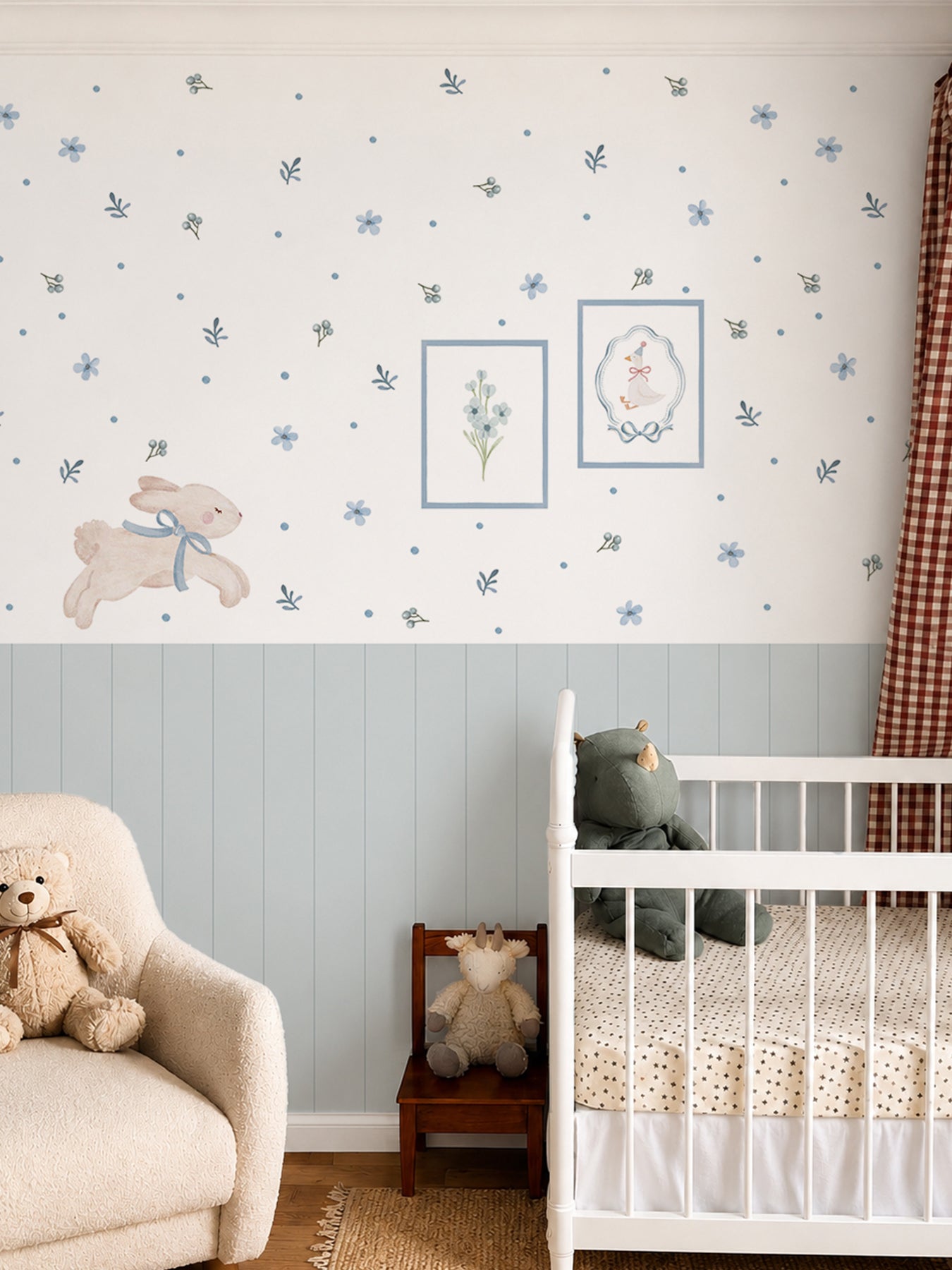 Blue Floral Bunny Nursery Wall Decals with Wainscoting Panels