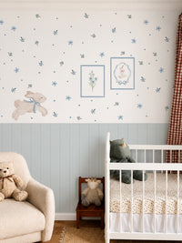Blue Floral Bunny Nursery Wall Decals with Wainscoting Panels