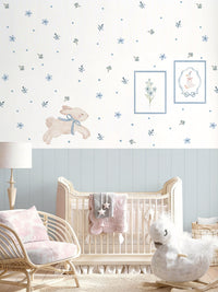 Blue Floral Bunny Nursery Wall Decals with Wainscoting Panels