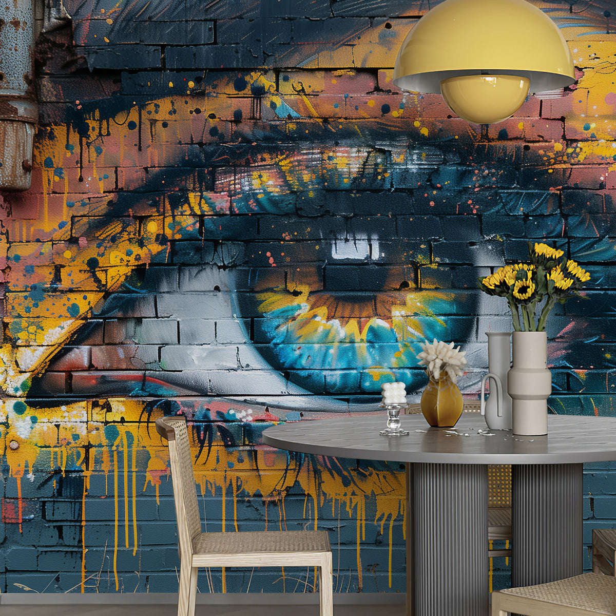 Urban graffiti eye wall mural creating a bold feature wall in a modern dining room