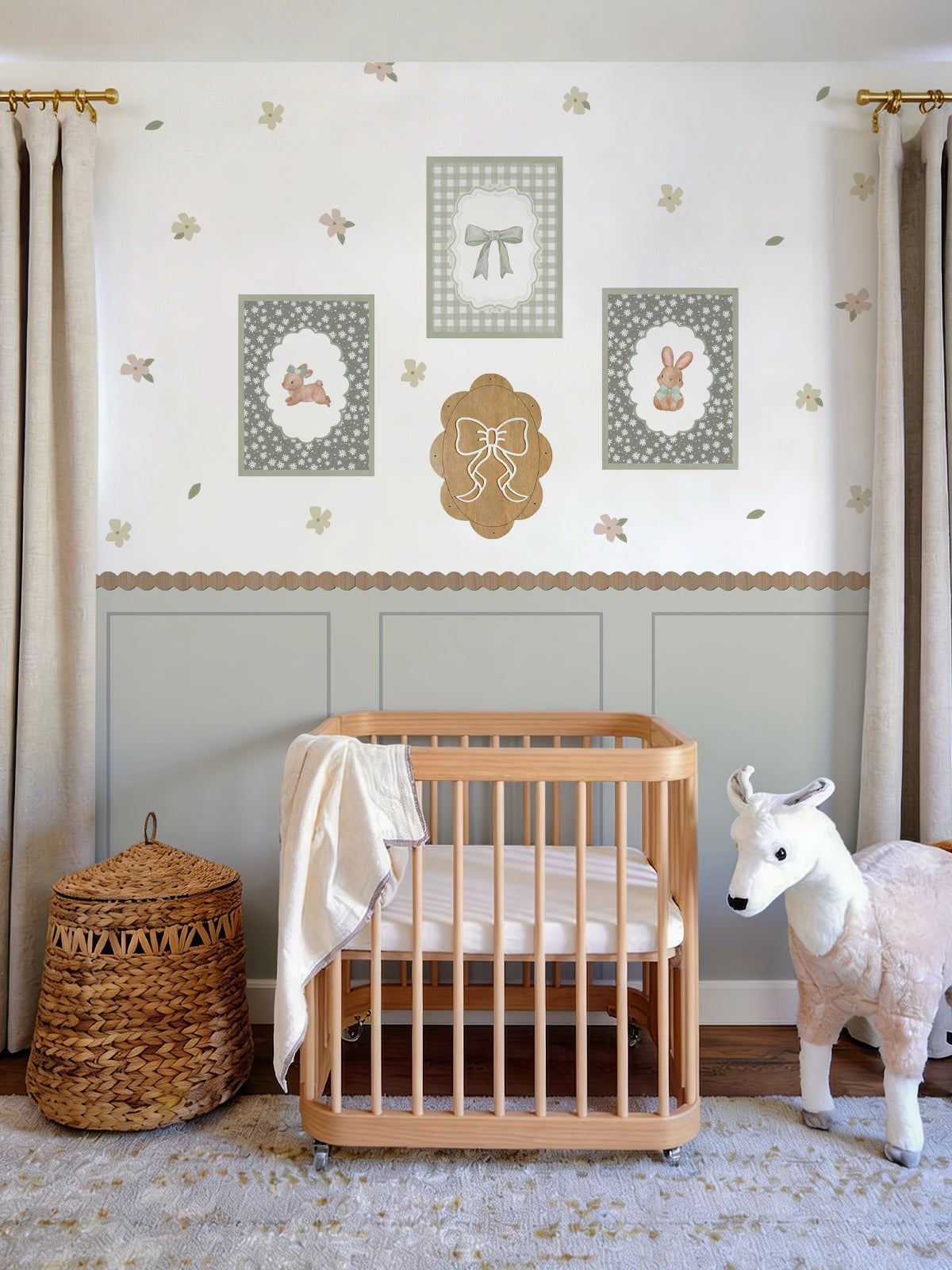 Sage Green Wall Panel and Floral Decal Set with Wooden Frames and Wavy Trim