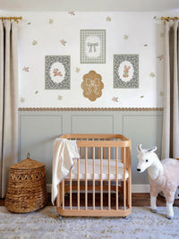 Sage Green Wall Panel and Floral Decal Set with Wooden Frames and Wavy Trim