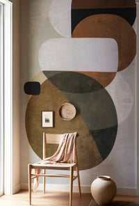 Abstract Fractal Dream geometric wall mural at window nook, light wood chair and ceramic pottery decor
