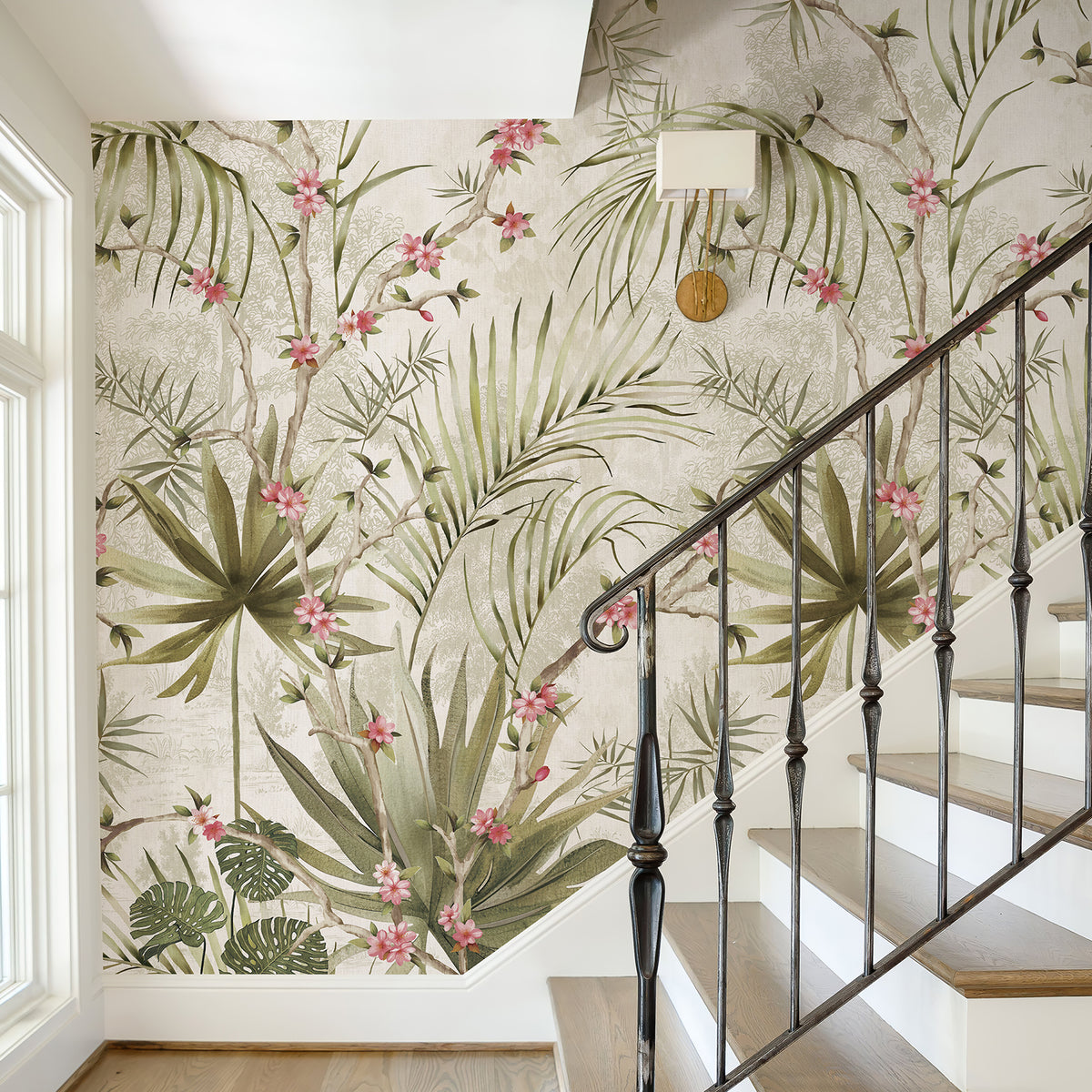 Vintage botanical palm and floral wall mural installed on a bright stairway accent wall