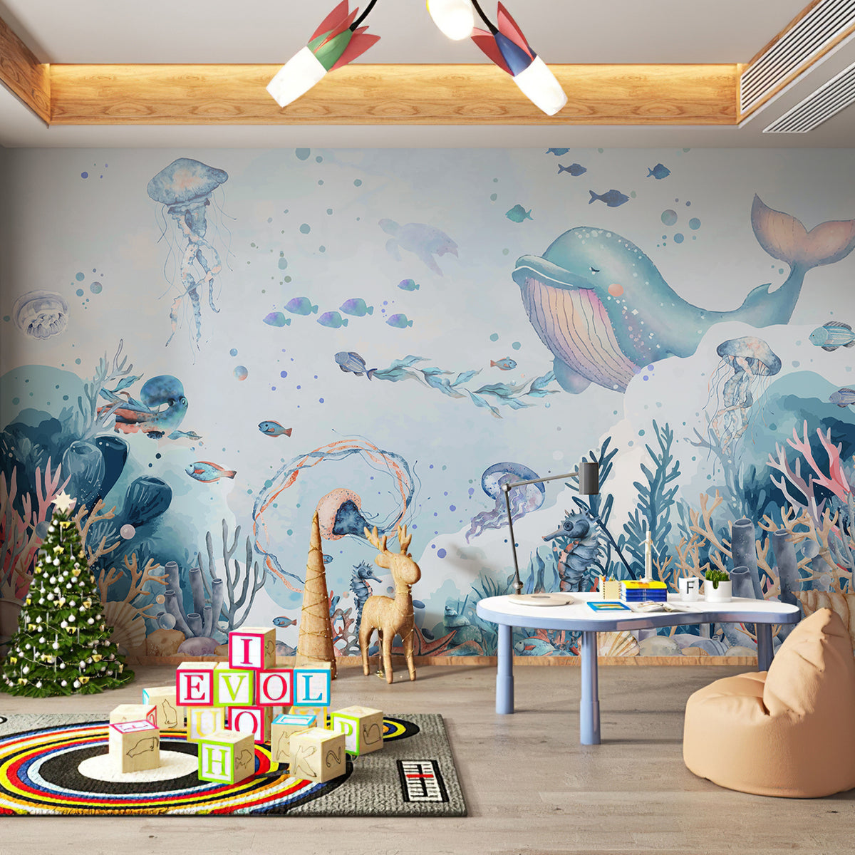 Fixed size：Watercolor Underwater Whale Kids Wallpaper Mural