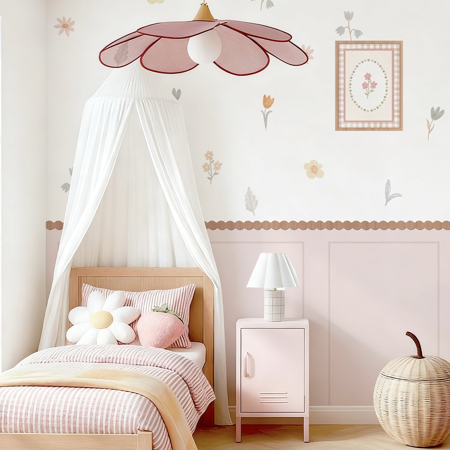 Peel and Stick Wall Border Decals Scalloped Trim Floral Wall Decals for Nursery & Girls Room