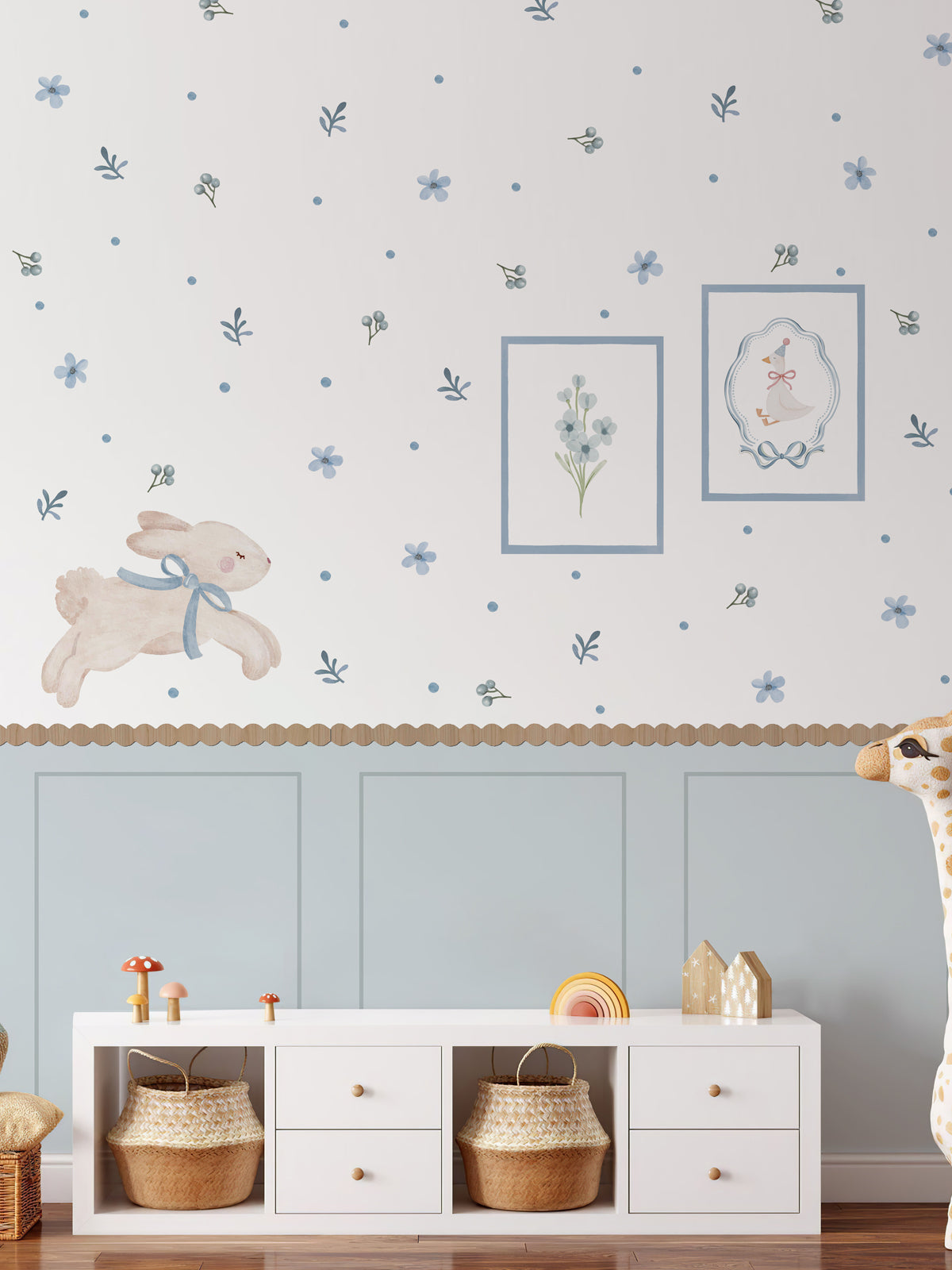 Blue Bunny Peel and Stick Wall Panel Decal Set with Floral Wall Stickers Wooden Frames and Wavy Trim for Nursery Baby Room