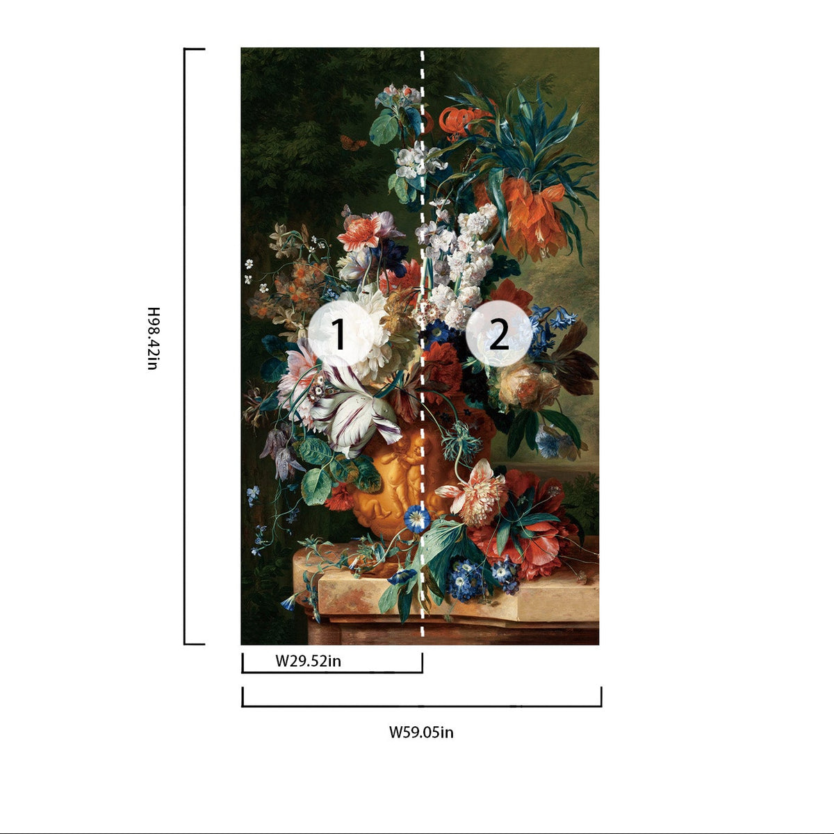 59 x 98 inch April Reverie vintage floral wall mural size guide
