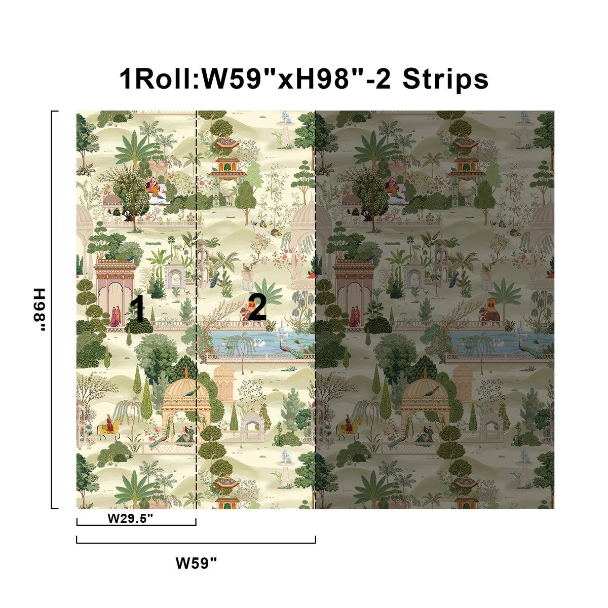59 x 98 inch Mughal garden wall mural size guide with two 29.5 inch panels