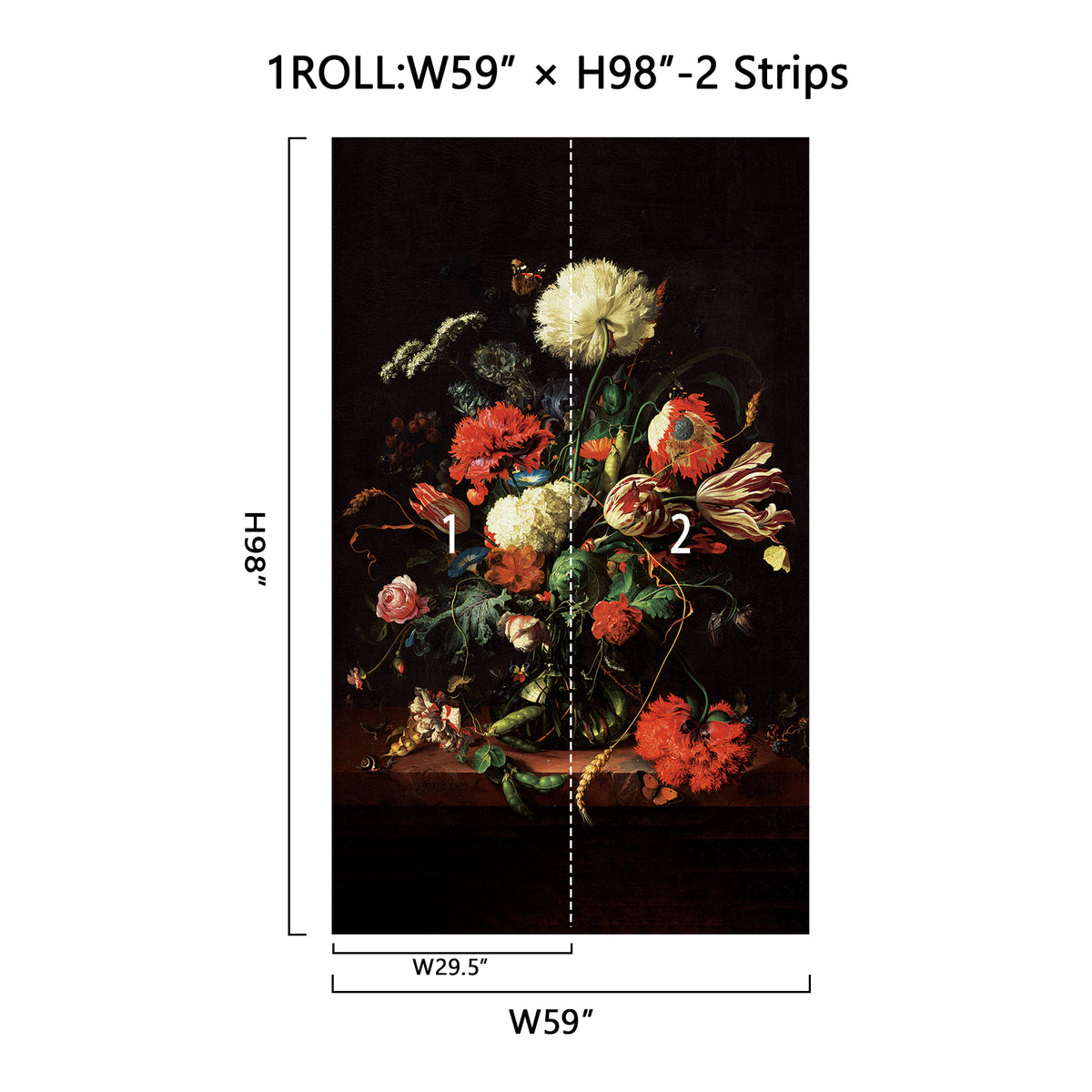 59 x 98 inch dark floral wall mural size guide with two 29.5 inch panels