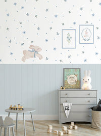 Blue Floral Bunny Nursery Wall Decals with Wainscoting Panels