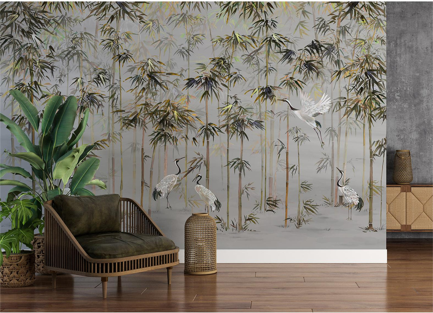 Chinoiserie Flying Cranes in Bamboo Forest Gray Mural