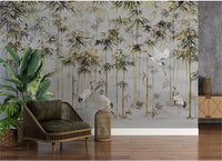 Chinoiserie Flying Cranes in Bamboo Forest Gray Mural